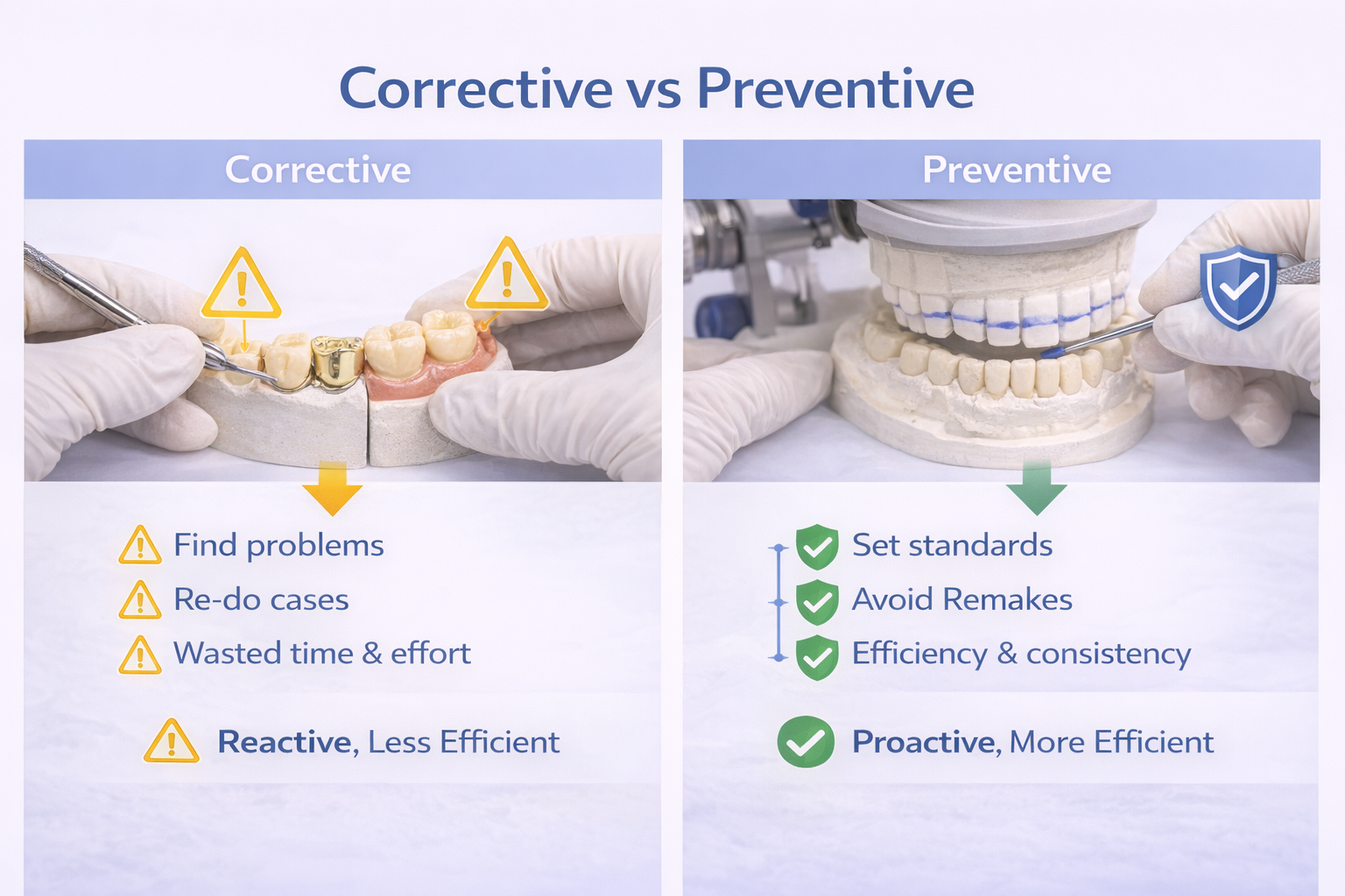 checking vs controlling in dental lab quality control showing reactive inspection versus preventive workflow