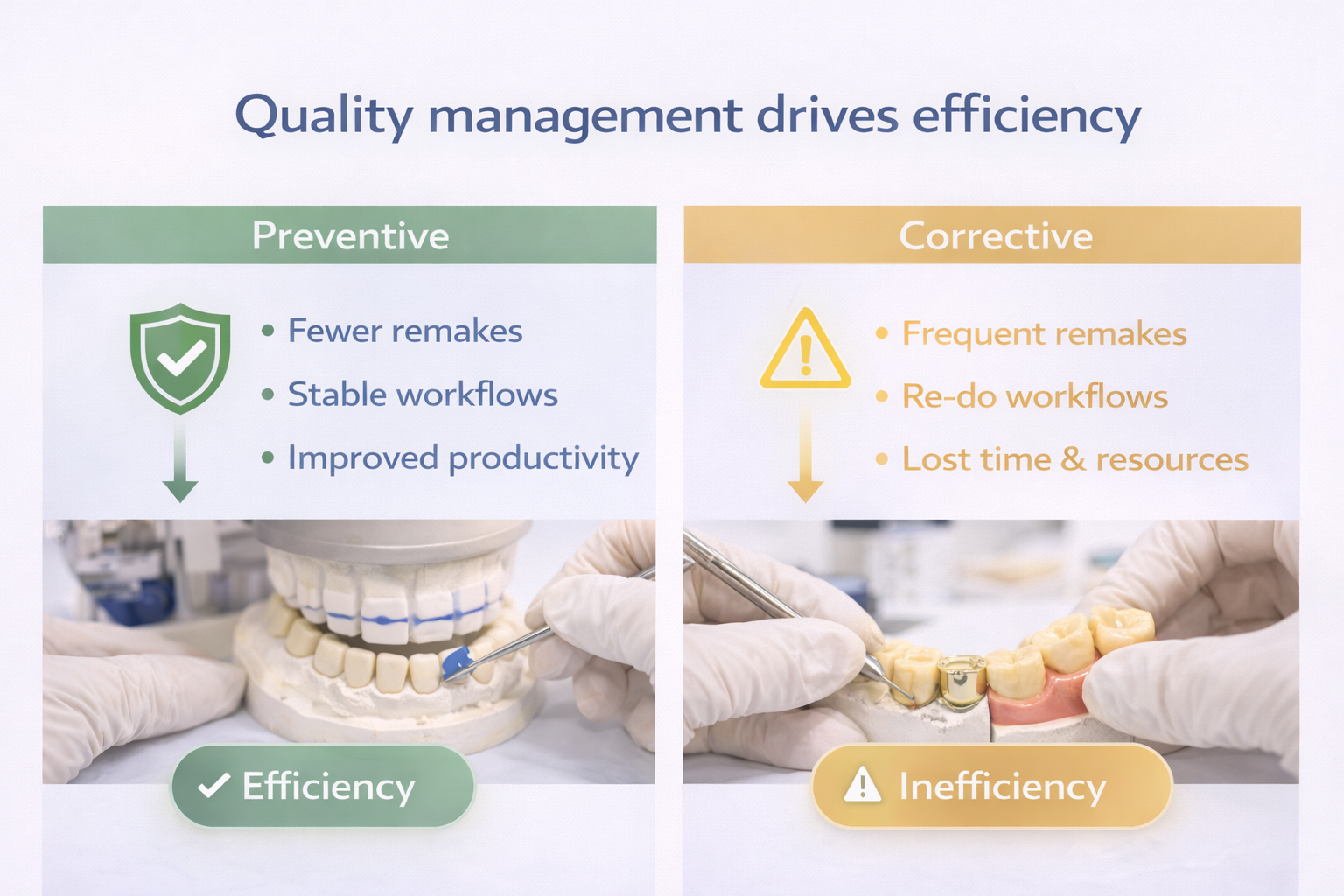 preventive vs corrective quality management in dental lab showing impact on efficiency and dental lab remakes