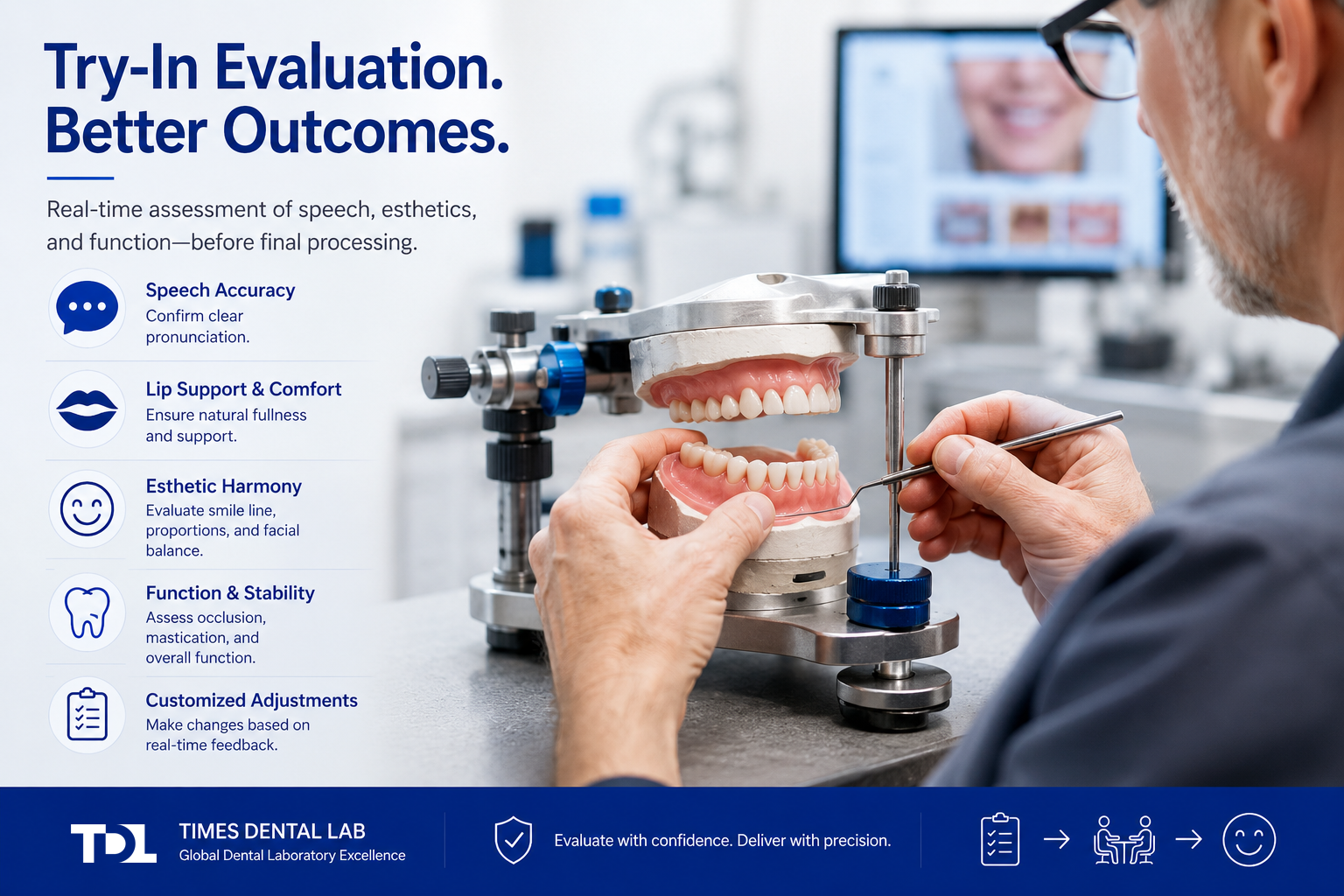professional denture try in evaluation workflow in dental laboratory