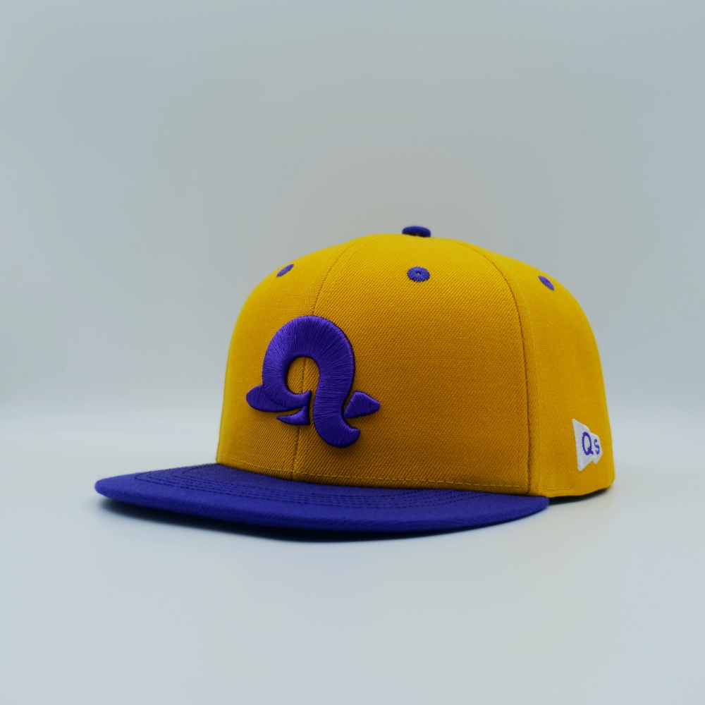 custom flat brim caps shown in two colorways beside a brim and stitch reference sample