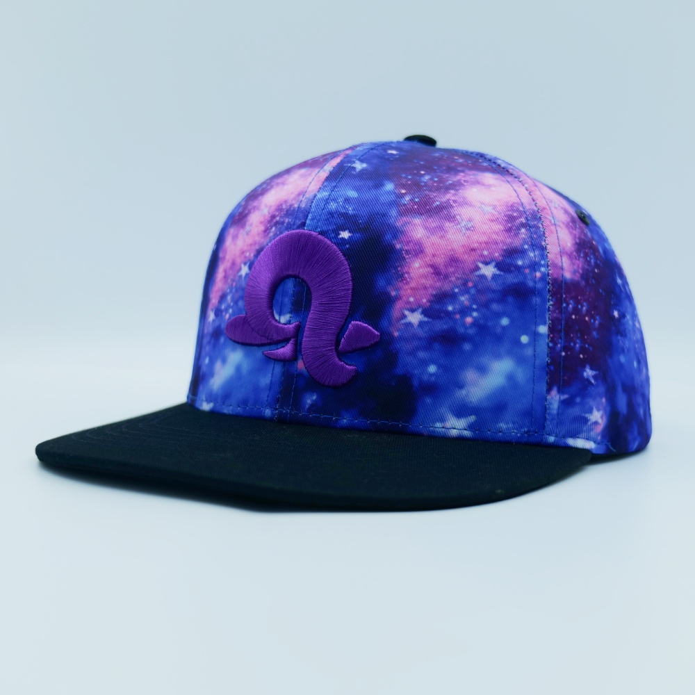 custom streetwear hats manufacturer sample with an all-over print and contrast brim on a studio background
