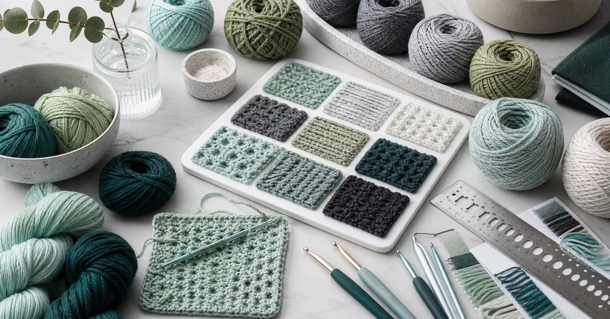 crochet kit yarn selection guide with yarn swatches, hooks and gauge tools