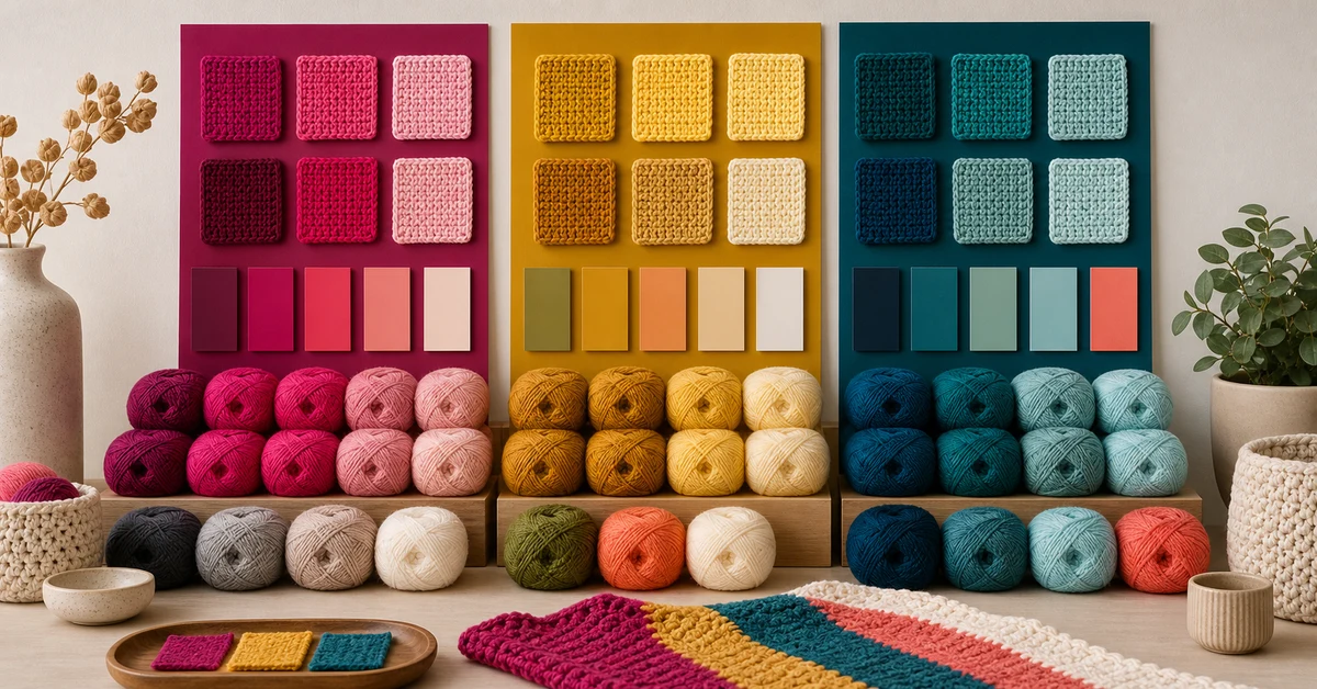 crochet kit color palette planning with coordinated yarn families and swatches