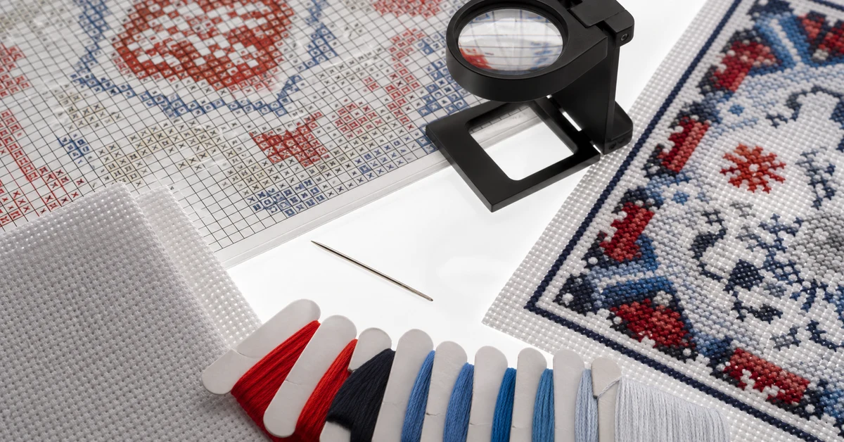 cross stitch kit quality checklist with chart, fabric, floss and inspection tools