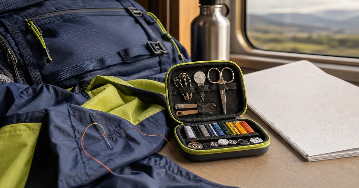 Das Design des Reisenähsets wurde neben einem Rucksack und einer reparierten Jacke getestet.