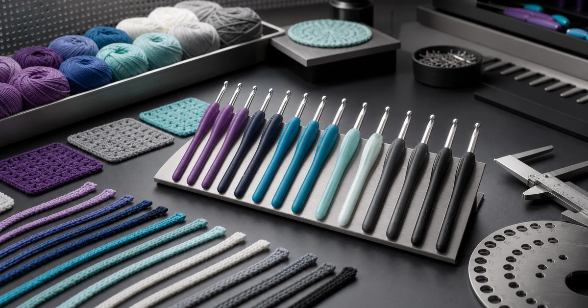 crochet hook size guide for kits with hooks, yarn weights and gauge swatches