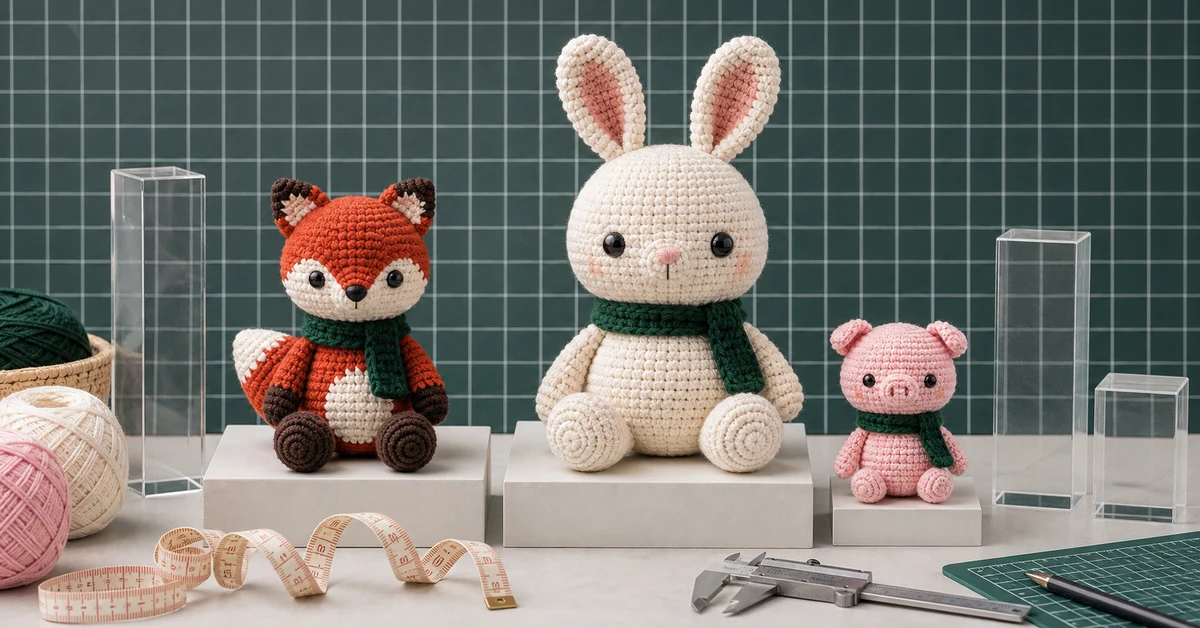 Guía de especificaciones de tamaño para amigurumis con figuras de ganchillo, bloques de medición y calibradores.