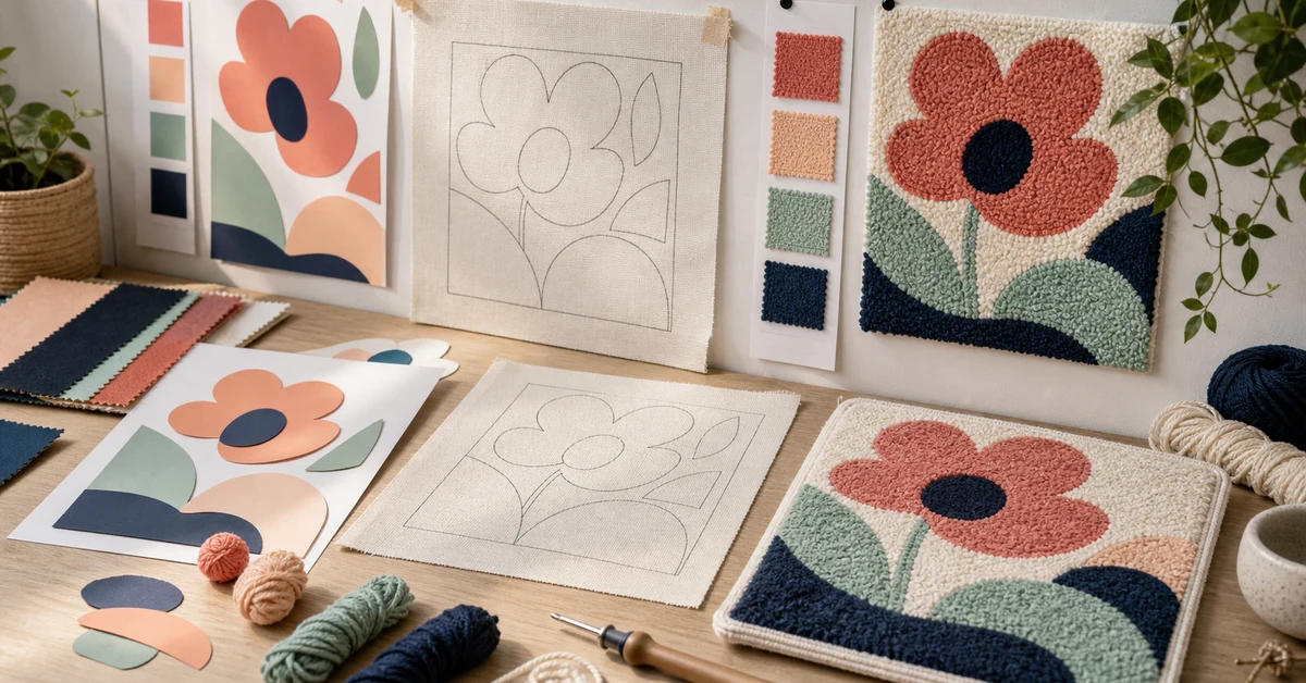 punch needle pattern design guide showing artwork, printed cloth and finished texture