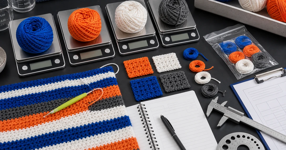 crochet kit yarn quantity calculation with scales, yarn balls, swatches and reserve coils
