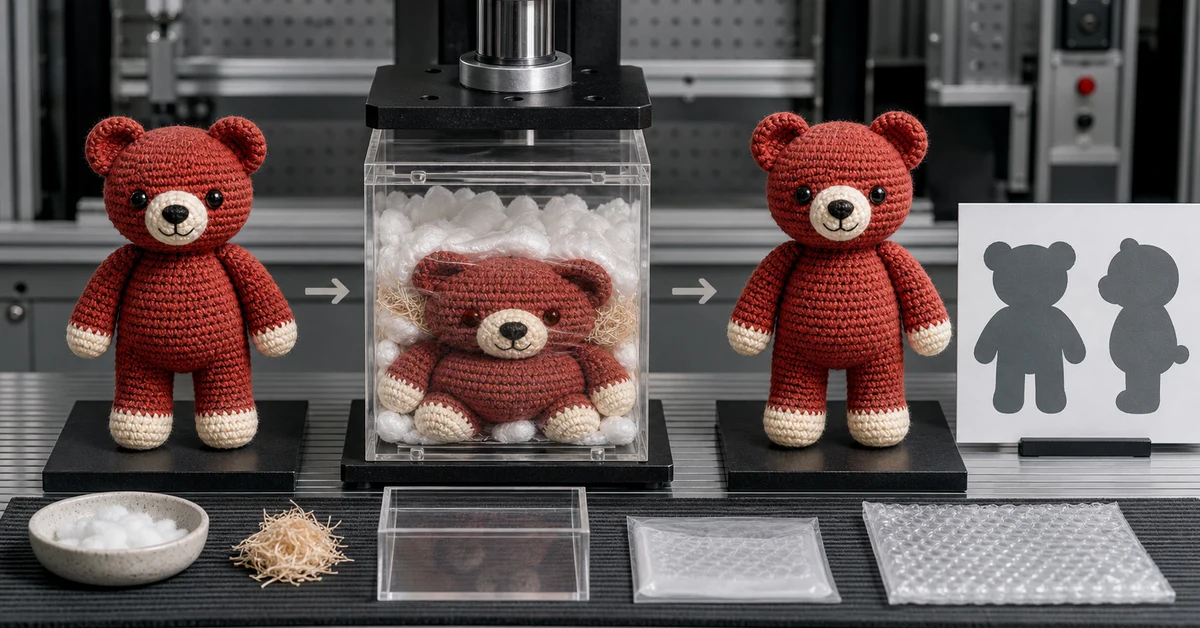 amigurumi packaging compression test with crocheted bear before, during and after packing