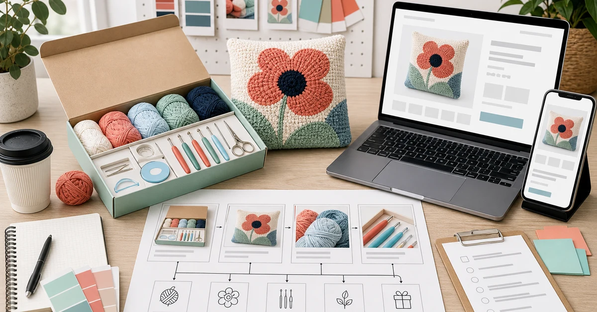 Checkliste für den Online-Shop eines Bastelsets mit Bastelset, fertigem Projekt, Laptop, Telefon und Inhaltskarten