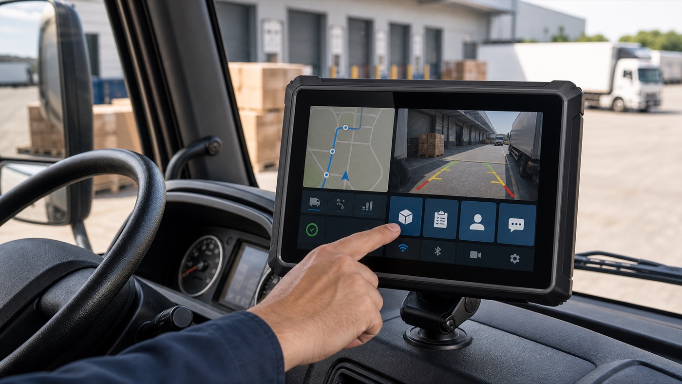 Operator using a PDS Android vehicle mounted computer for route, task and camera work