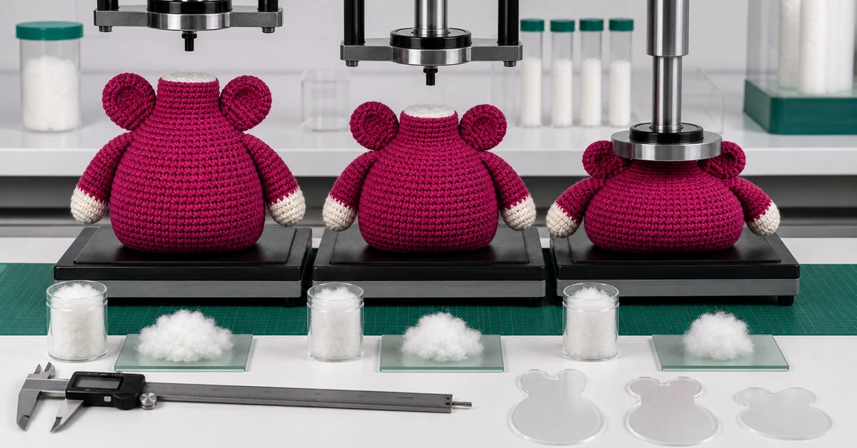 amigurumi stuffing density test with crochet samples, compression tools and measured filling