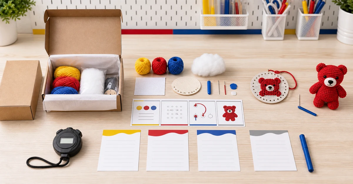 craft kit unboxing test checklist with sealed box, component reveal, setup and finished sample