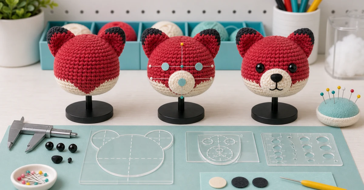 Anleitung zur Platzierung von Amigurumi-Gesichtszügen mit Häkelköpfen und Symmetrievorlagen