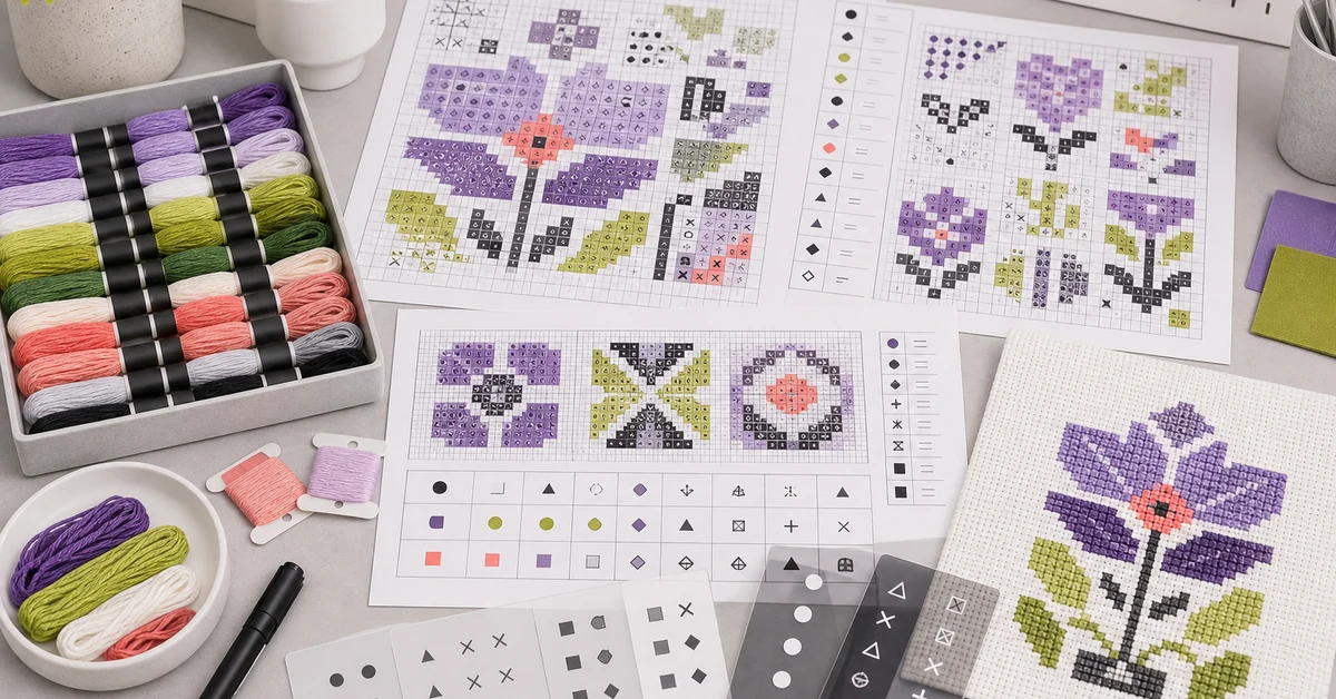 cross stitch chart symbol design guide with gridded patterns, symbols and stitched proof
