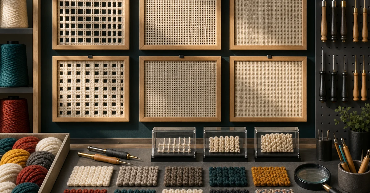 punch needle fabric selection guide with framed weave samples, tools and loop tests