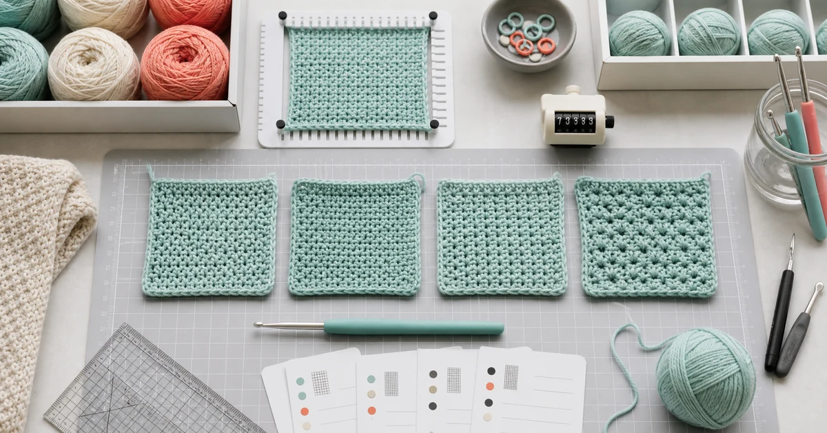 crochet kit stitch tension guide with comparison swatches and measuring tools