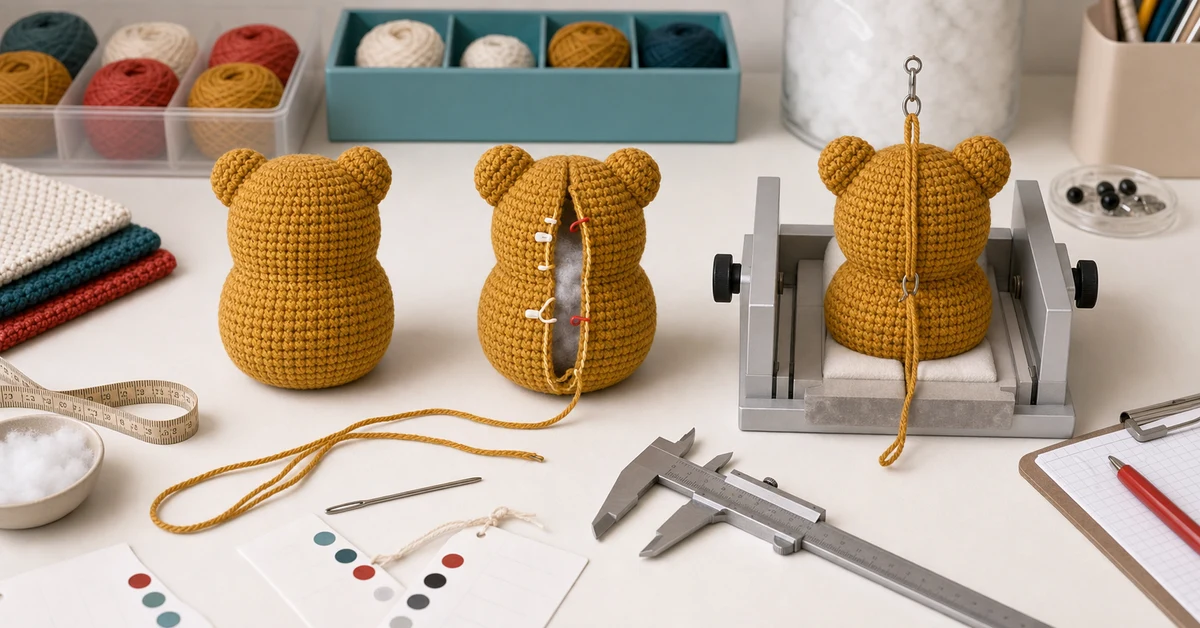 amigurumi seam strength test with crocheted samples and inspection tools