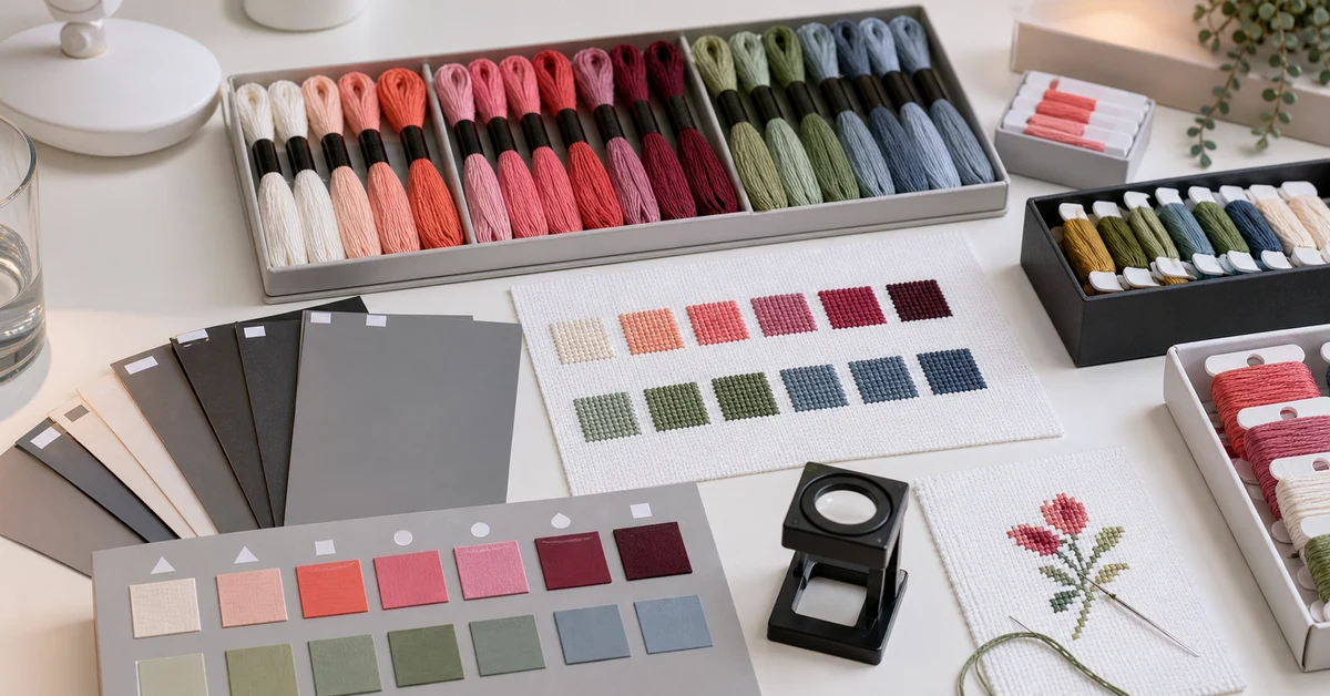 cross stitch floss color matching guide with floss shades and stitched samples