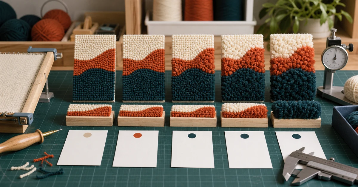 punch needle loop height guide with pile samples and depth measuring tools