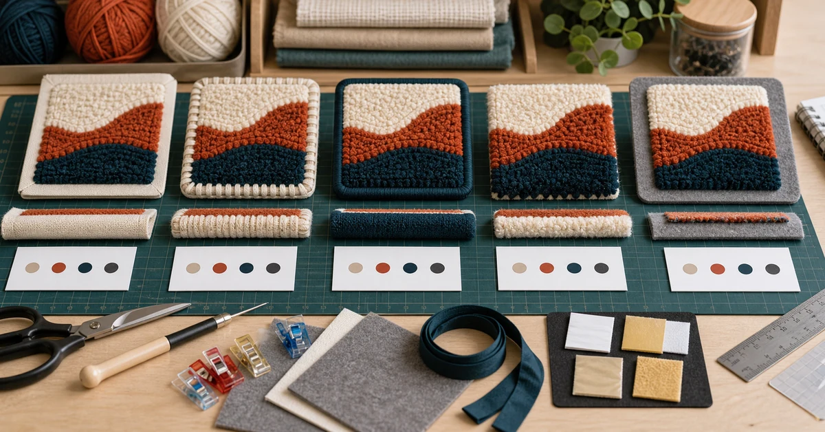 punch needle edge finishing guide with several border and backing samples
