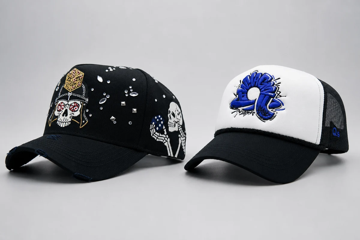 Embroidery, rhinestone and 3D puff cap detail