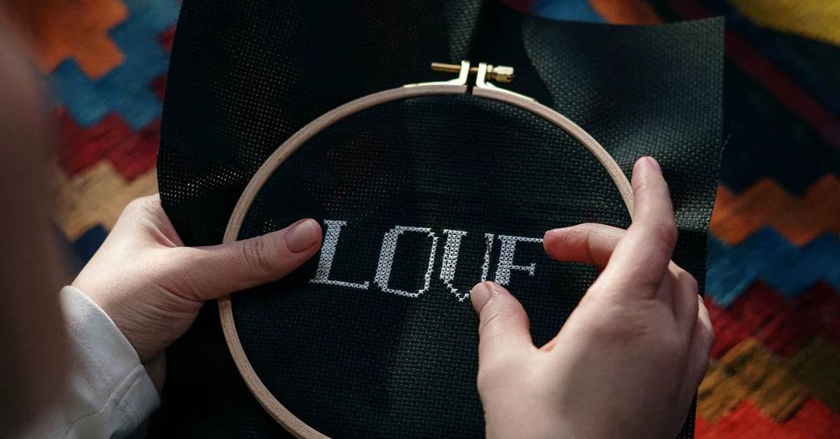 beginner embroidery kits wholesale first finished motif with hands working in a hoop