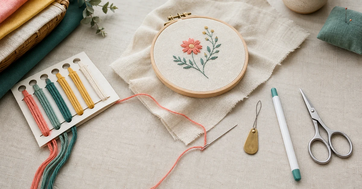 刺繍用具サプライヤー、刺繍枠全体にマッピングされた糸の経路、針、はさみ、糸カード