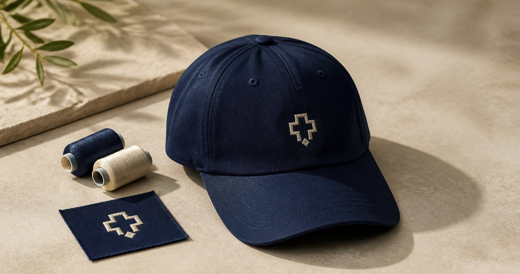 Gorros bordados planos, ilustrados con una gorra azul marino y un bordado geométrico a juego.