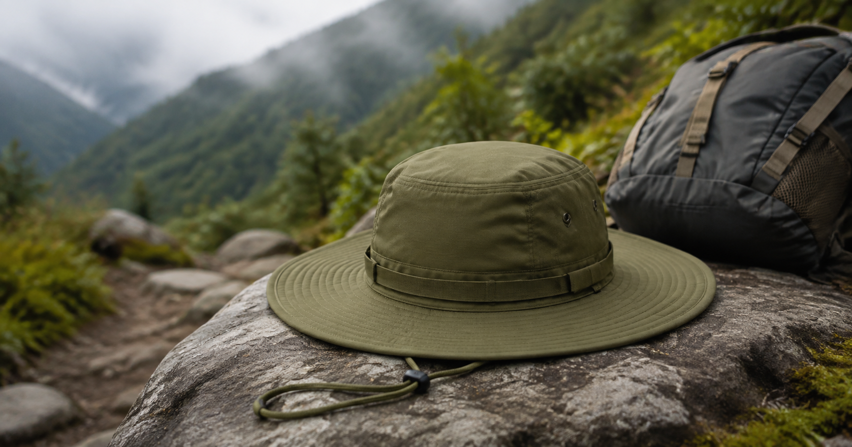 Cappelli da avventura personalizzati, illustrati da un cappello a tesa larga color oliva accanto a uno zaino da trekking.
