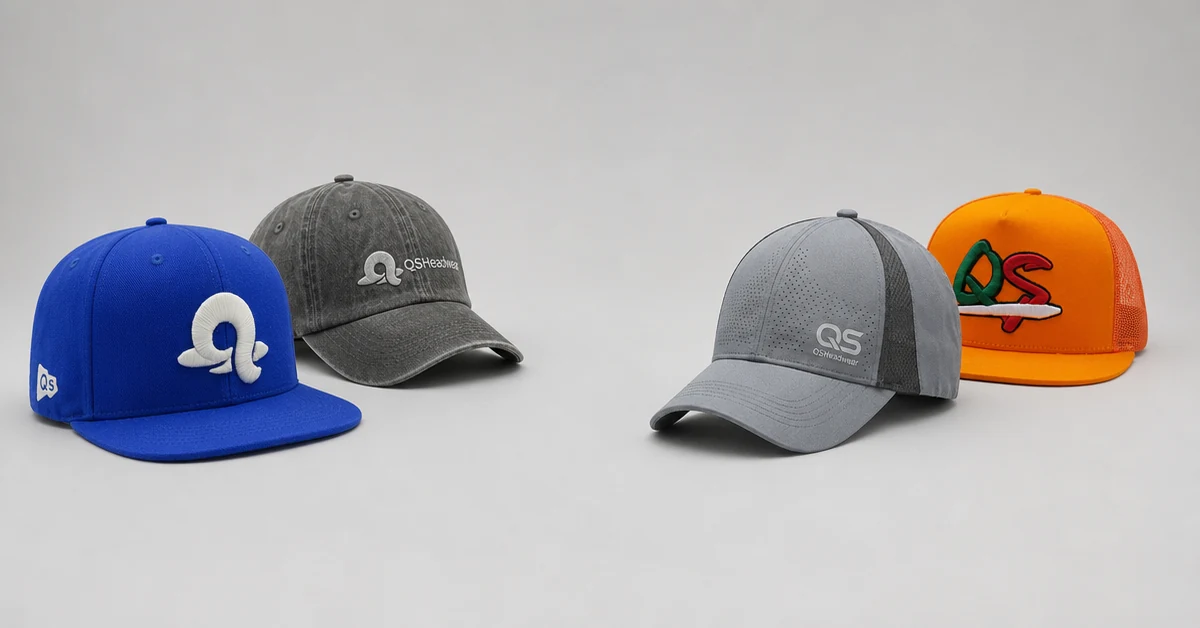bulk custom hats in four colorways lined up as a single production program