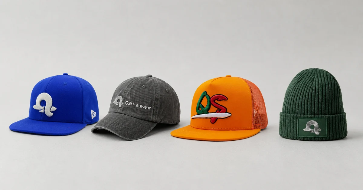 custom hat MOQ purchase ladder shown through a range of finished cap styles