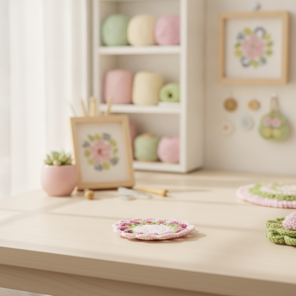 Kit de posavasos de ganchillo con flores rosas