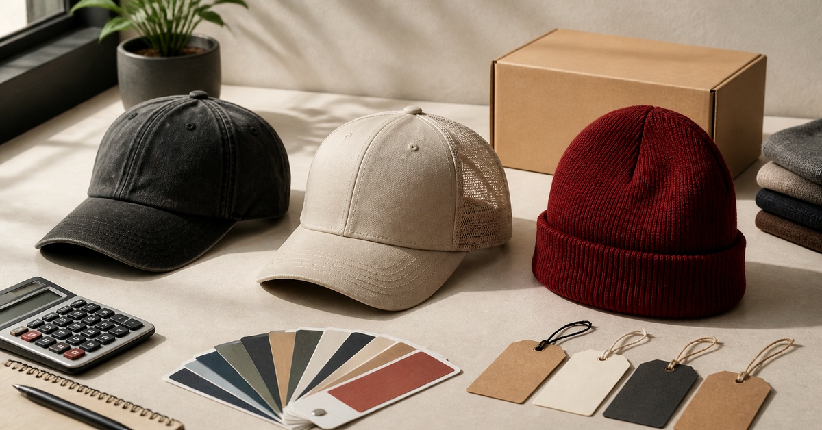 custom hat packaging options retail carton with caps, swatches and retail presentation samples