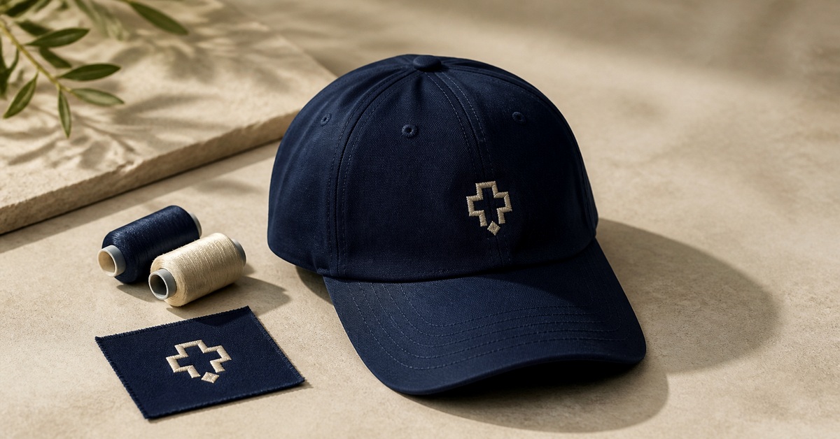 corporate promotional caps manufacturer sample of a navy cap with matching thread and woven label