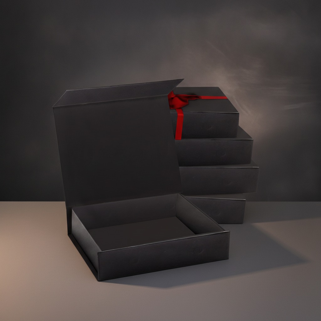 Custom Matte Black Collapsible Magnetic Rigid Gift Box with Red Ribbon