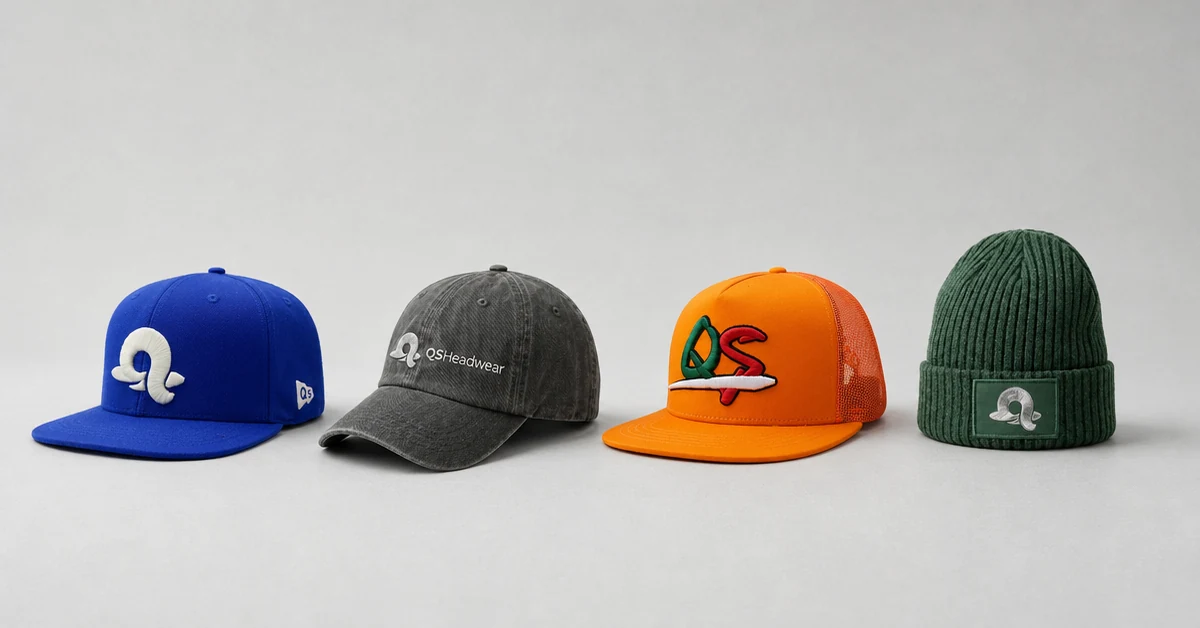 small batch custom hats in four colorways lined up after a short production run