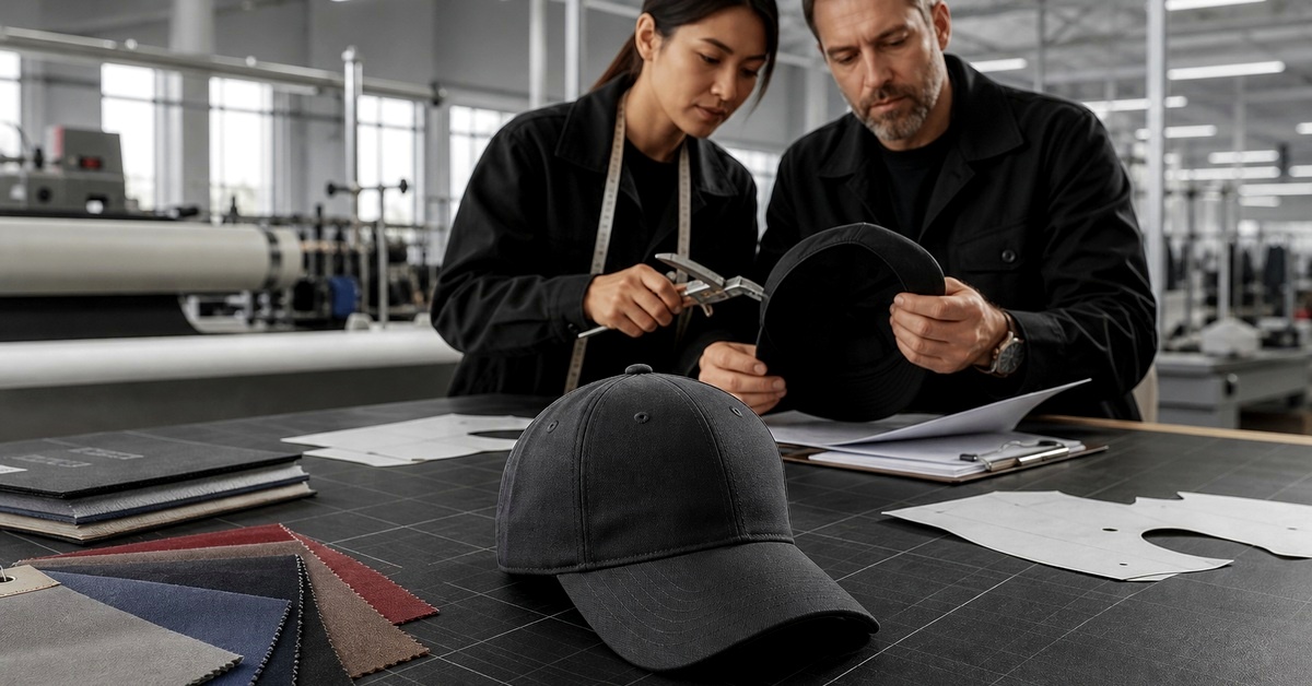 private label headwear manufacturer SKU passport review with cap measurements and material swatches