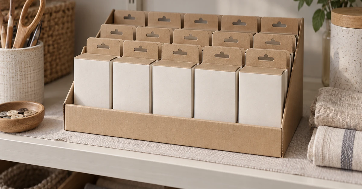 sewing supplies for supermarkets on a compact shelf with price label and replenishment carton