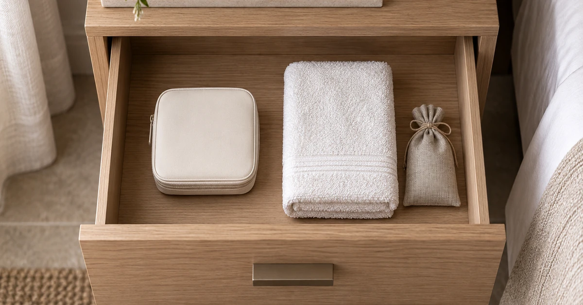 sewing kits for hotels wholesale arranged in a compact amenity tray beside folded linens