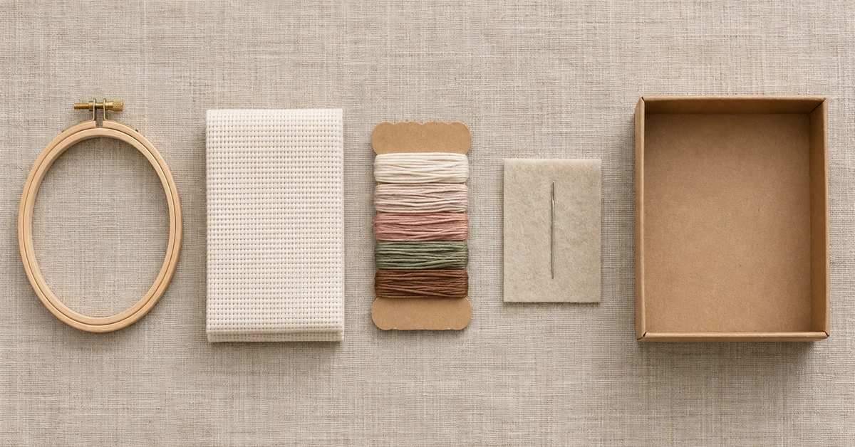 Des kits de broderie au point de croix pour débutants ouverts sur une table, à côté d'une toile à broder, d'une aiguille et d'une grille imprimée.