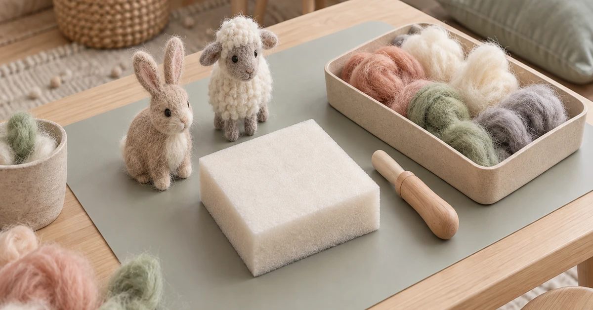 felting kits for kids wholesale laid out on a table with foam pads, wool and a supervising adult nearby