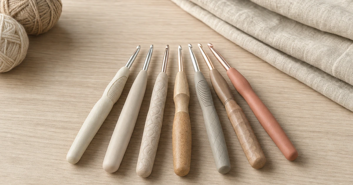 Gamme d'outils de crochet OEM disposée par profil de manche sur une surface de travail en lin