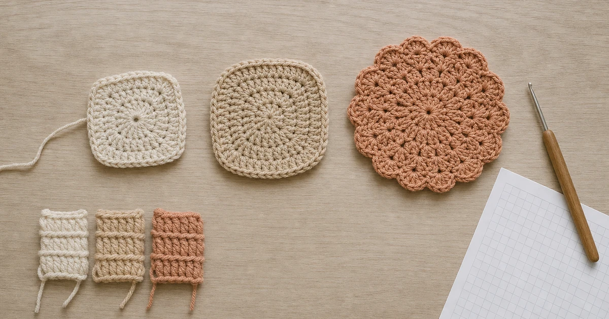 custom crochet products manufacturer sampling rounds shown as three sample pieces with yarn swatches, hook sizes and a stitch chart