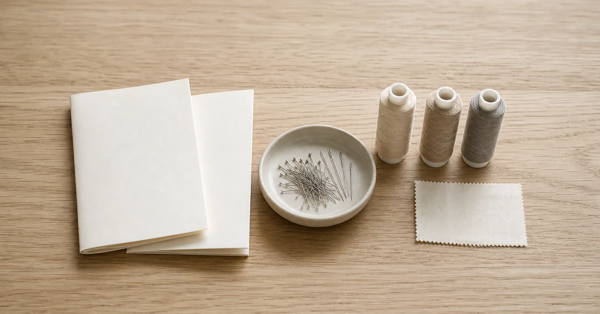 sewing supplies manufacturer quotation sheets beside an approved sewing notions sample on a workshop bench