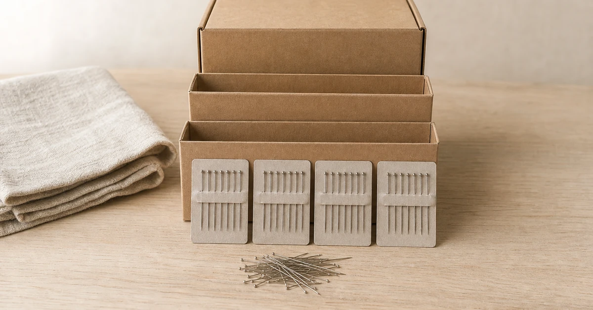 Tailles d'emballage des fournisseurs de fournitures de couture, allant d'une simple carte d'épingles à un carton d'expédition complet