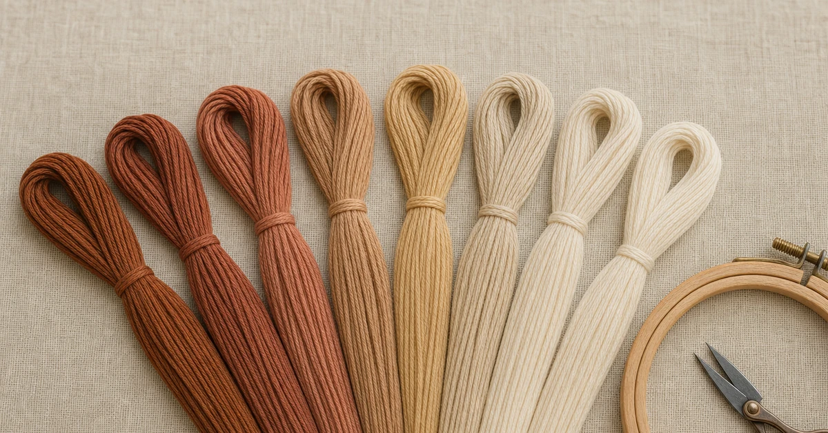 Comprobación de la continuidad del hilo del fabricante del kit de punto de cruz con las madejas colocadas sobre tela contada.