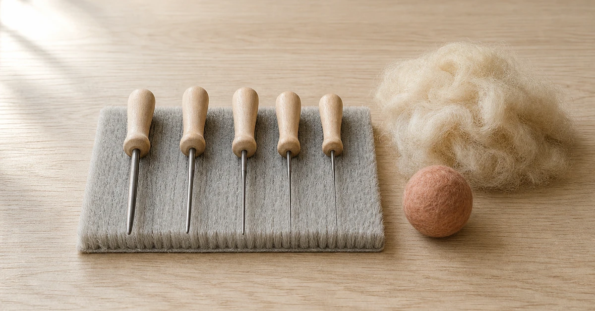 Needle felting kits wholesale sample showing needle gauges matched to wool fibre on a brush mat