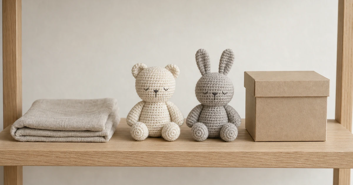 Crochet toy manufacturer age grade specification with finished plush pieces on a workbench